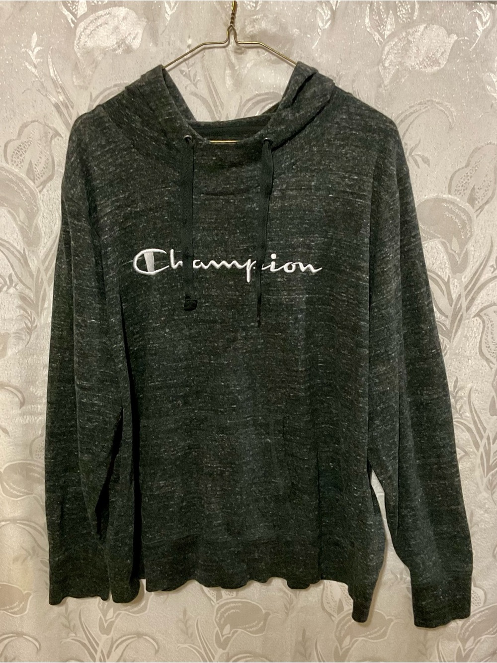 Champion Charcoal Heather Hoodie with White Script Logo